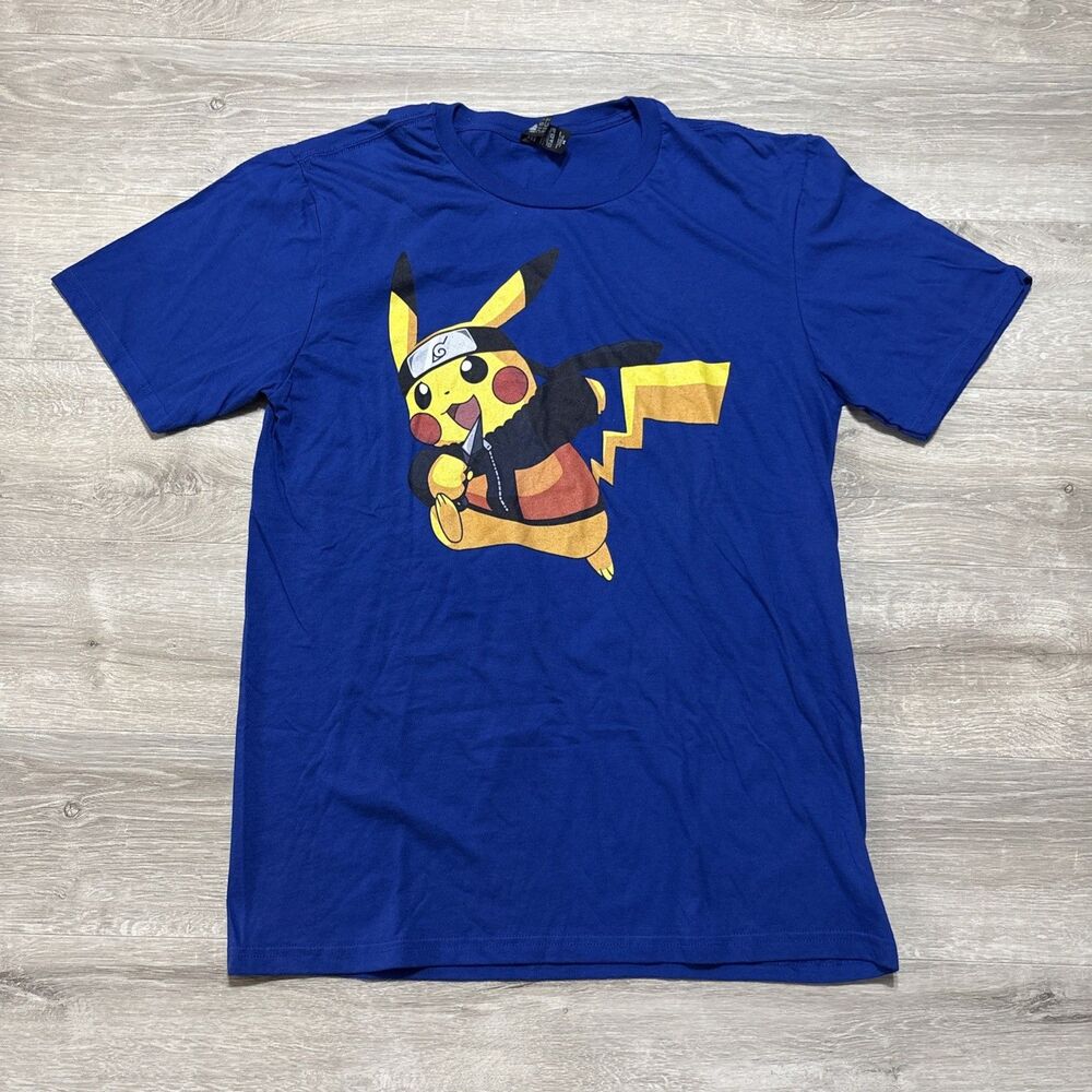 Pikachu Naruto Shirt Mens Medium Blue Graphic Tee Anime Pokemon 100% Cotton